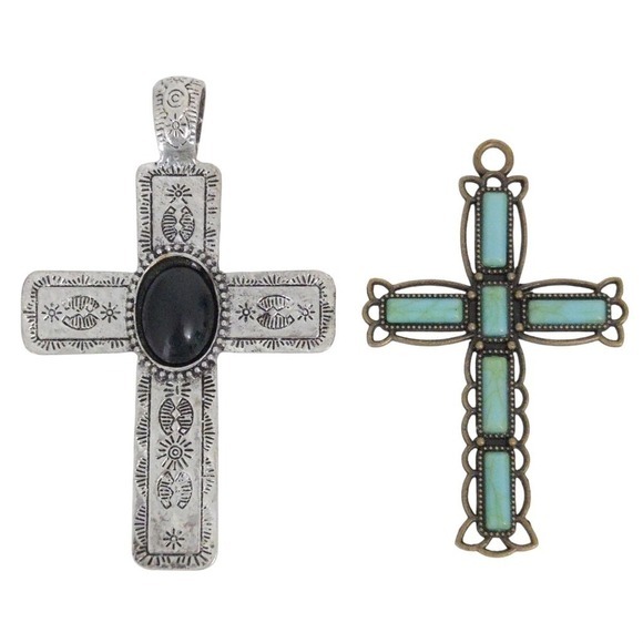 None Jewelry - Large Christian‎ Cross Turquoise Black Silver Pendants for Necklaces (Set of 2)
